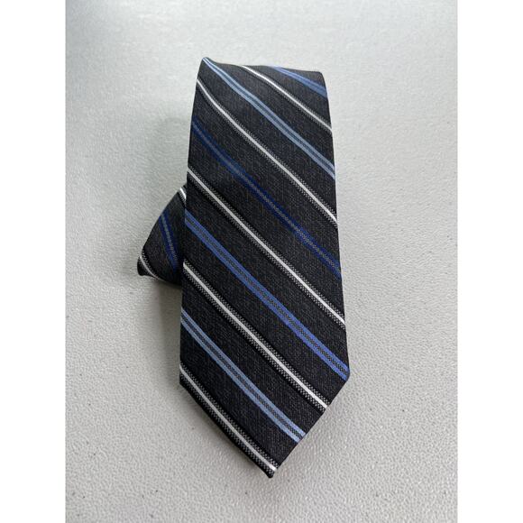 Pronto Uomo Gray, Blue, White Striped Pattern 100% Silk Handmade Tie NWOT - Picture 1 of 6